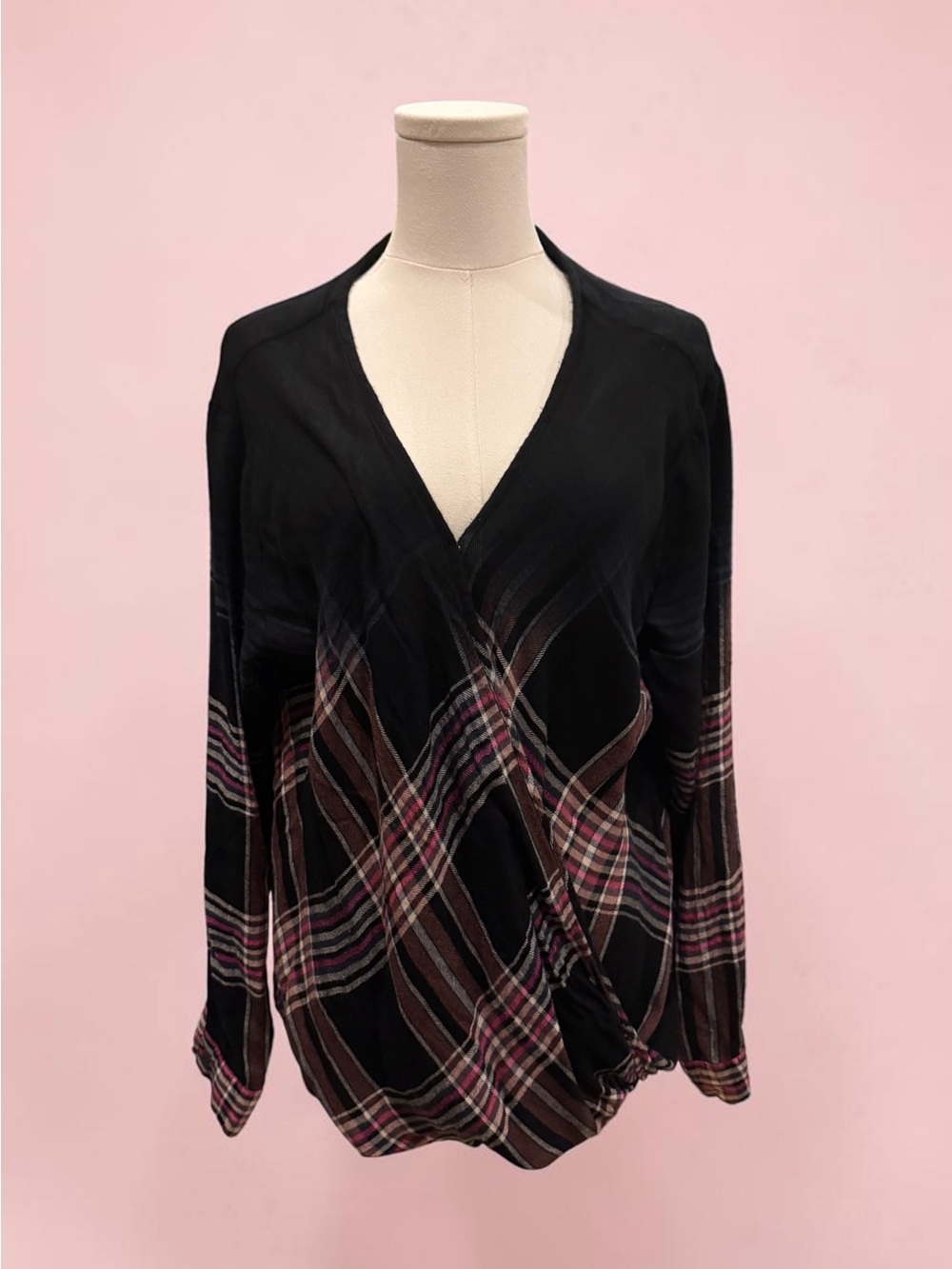 Black Plaid Wrap-Style Women's Top